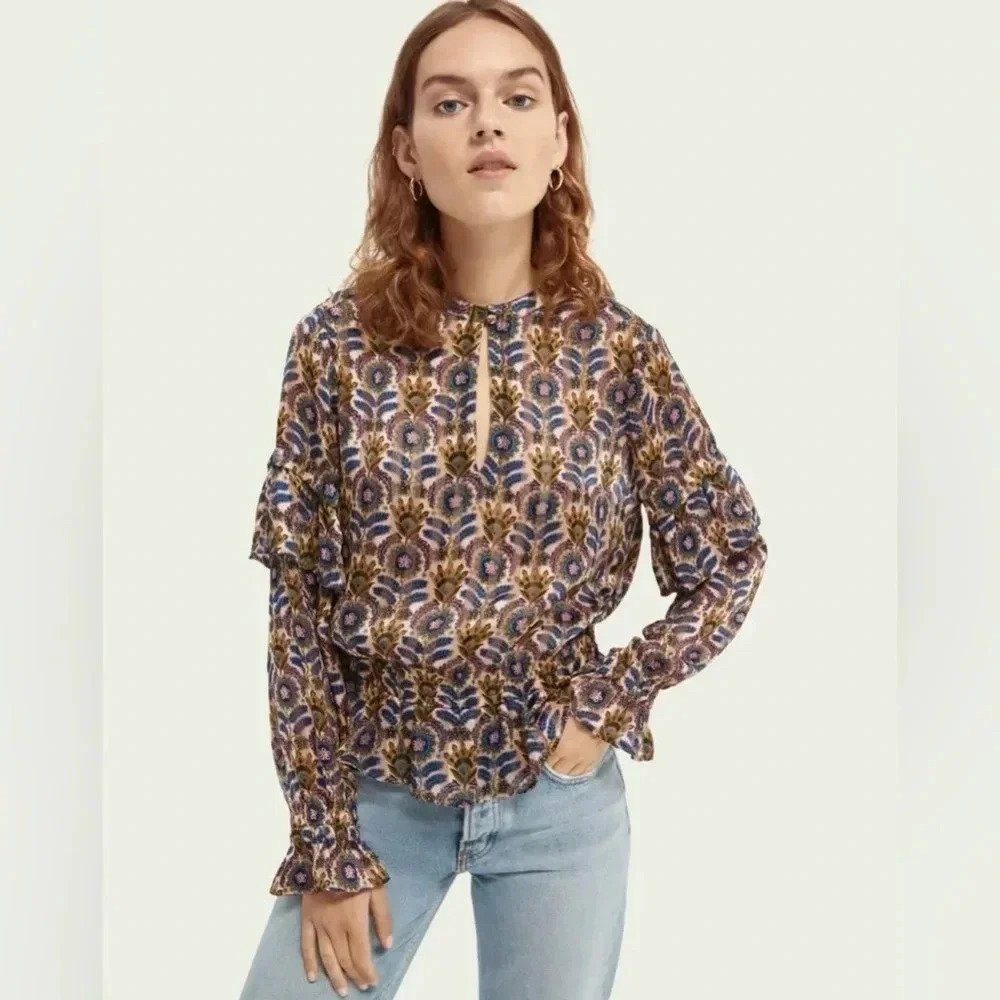 SCOTCH & SODA Ruffle Top Beautiful Floral Blue Pink Black Gold Size Large